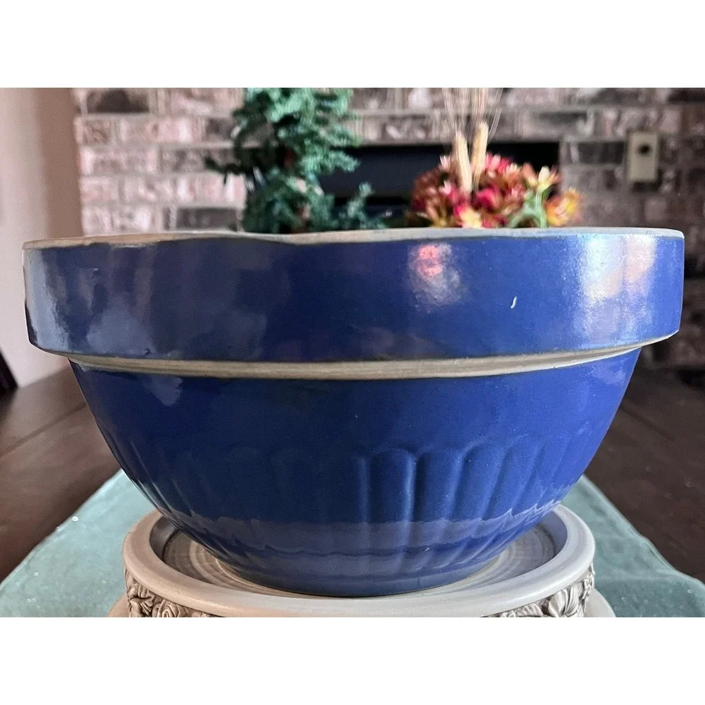2 Vintage Beautiful Cobalt Blue Red Wing Stoneware 8 and 9 inch Ribbed Bowls